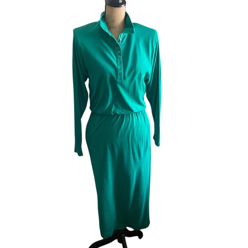 80s Vintage Shirt Dress M Blouson Pockets Midi Long Sleeve Academia Office Prep